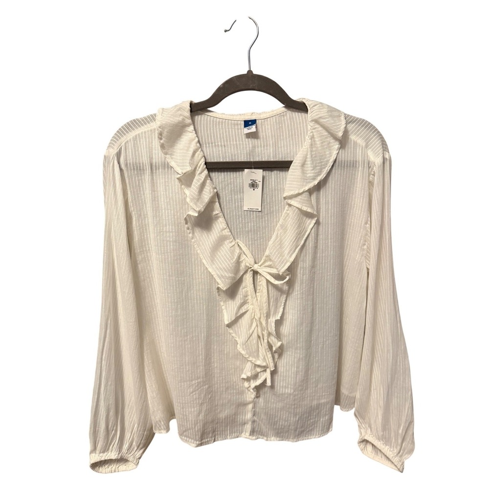 Old Navy Womens White Ruffle Tie-Front V-Neck‎ Striped Blouse Size S NWT Boho